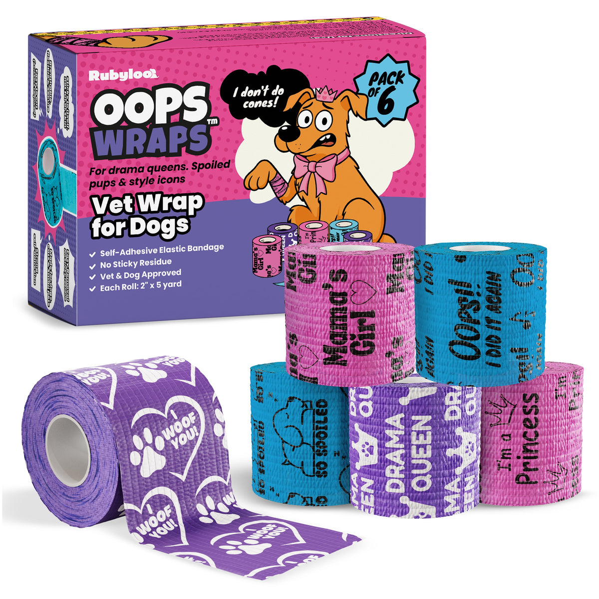 Oops Wraps™ | Non-Stick Dog Bandage Wrap | Funny Vet Wrap for Dogs | 6 & 12 Pack