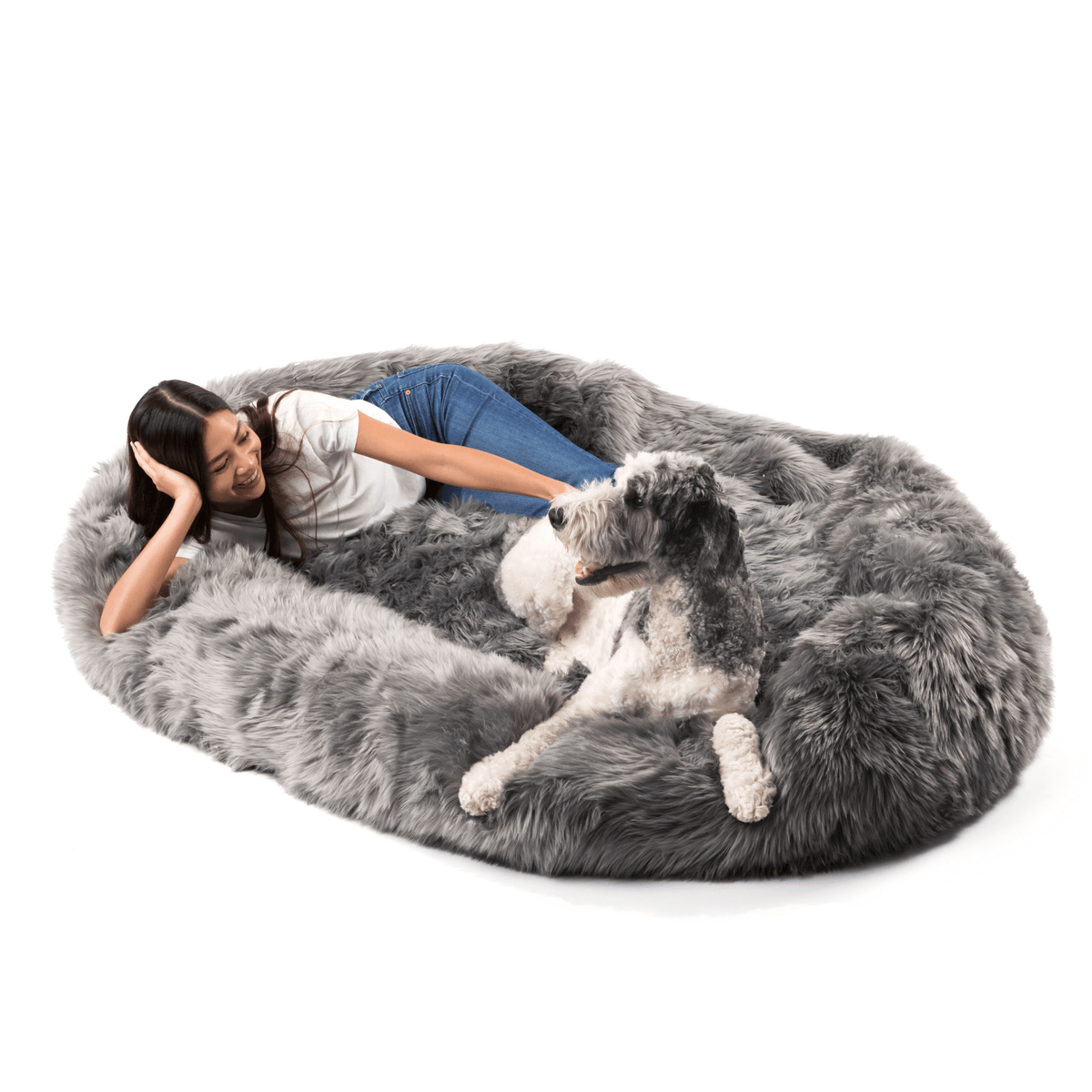 PupCloud™ Human-Size Faux Fur Memory Foam Dog Bed — Charcoal Grey