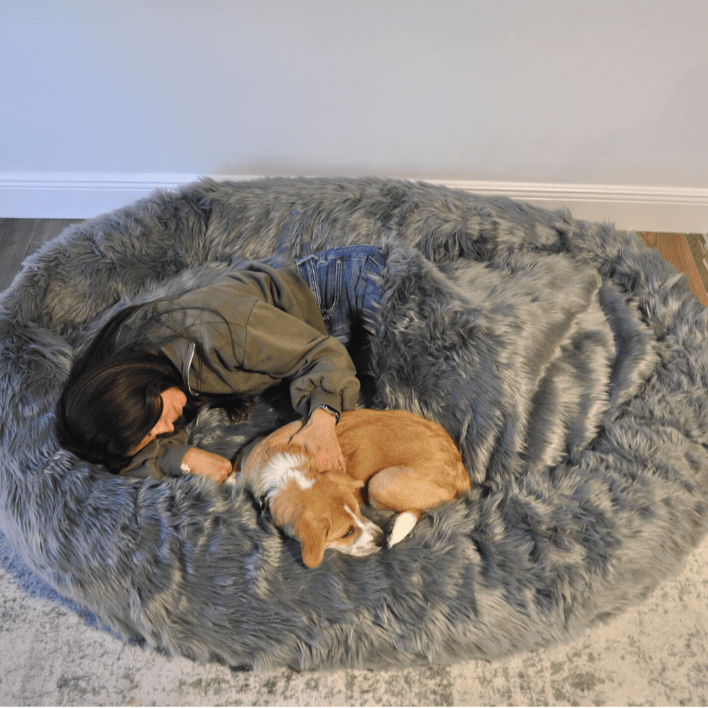 PupCloud™ Human-Size Faux Fur Memory Foam Dog Bed — Charcoal Grey