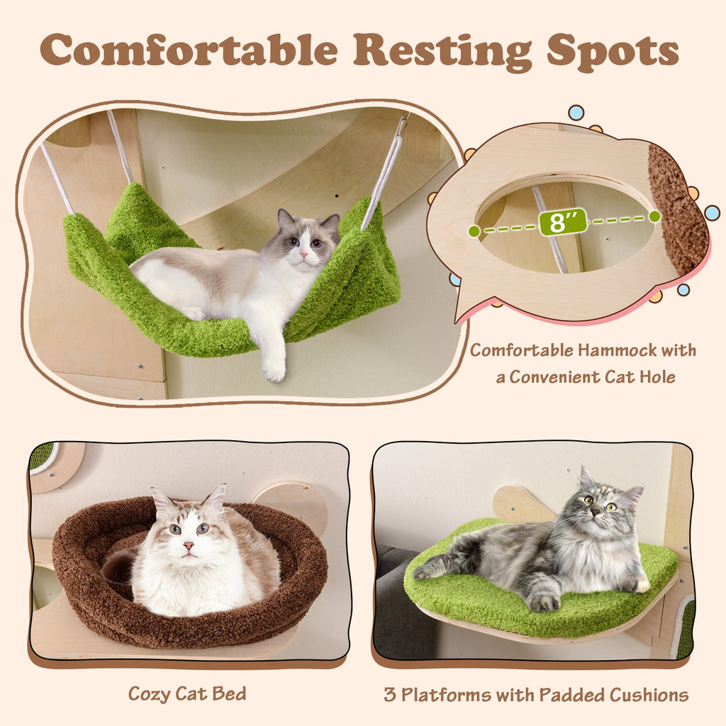 Wall-Mounted Cat Tower — 5-Layer Cat Wall Shelves with Hammock, Bed, Sisal Posts & Padded Platforms (Green)