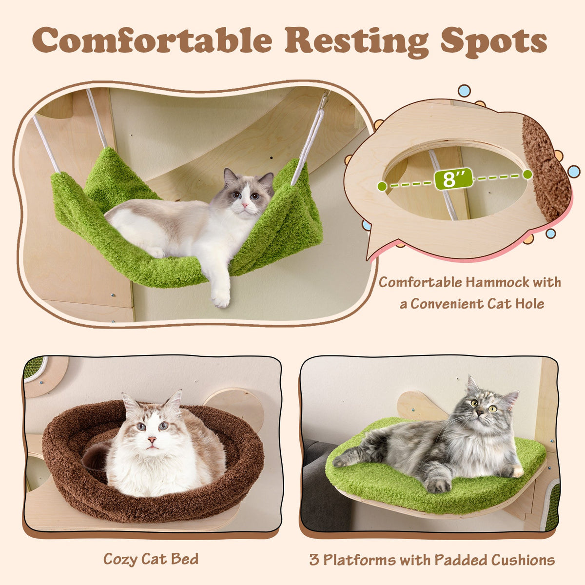 Wall-Mounted Cat Tower — 5-Layer Cat Wall Shelves with Hammock, Bed, Sisal Posts & Padded Platforms (Green)