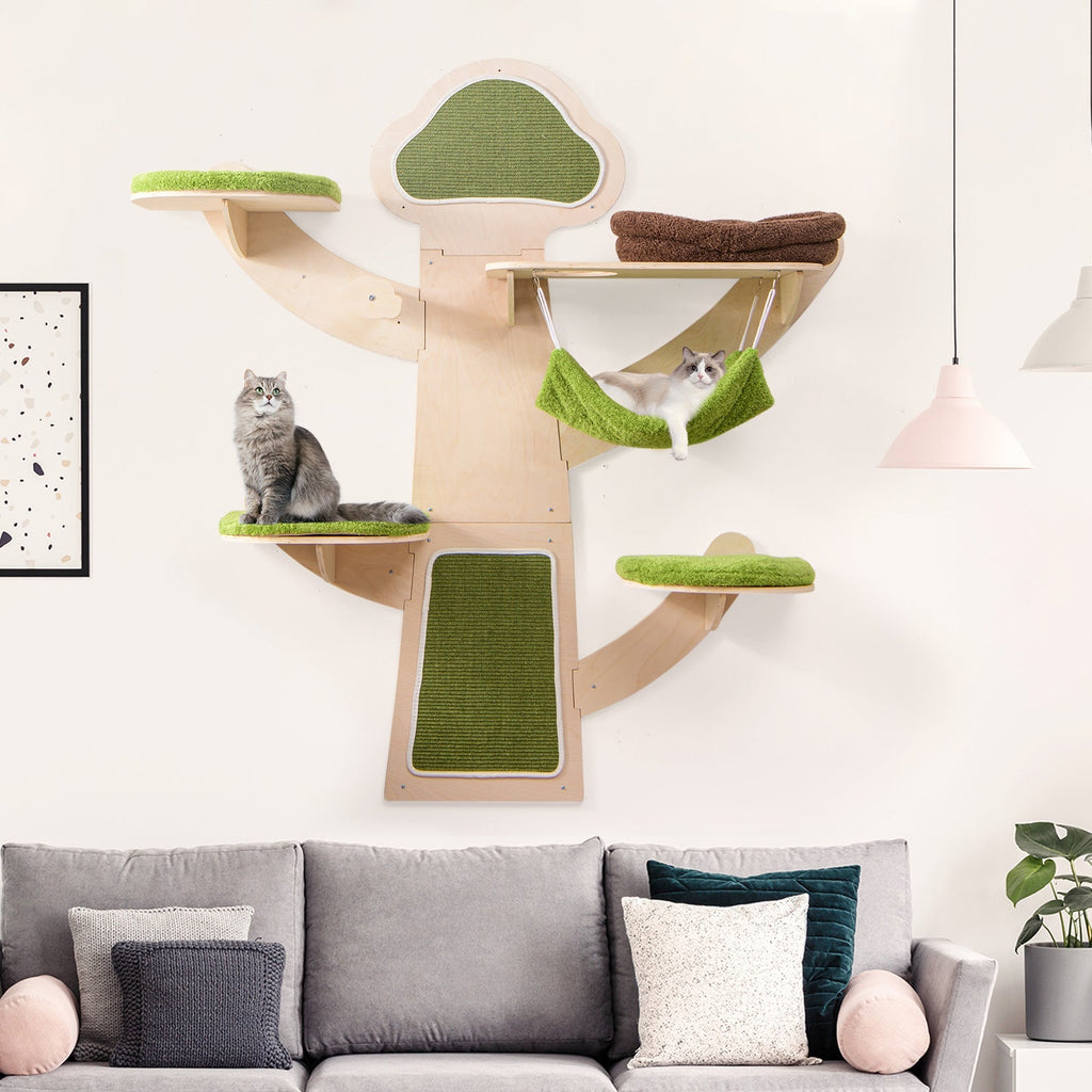 Wall-Mounted Cat Tower — 5-Layer Cat Wall Shelves with Hammock, Bed, Sisal Posts & Padded Platforms (Green)