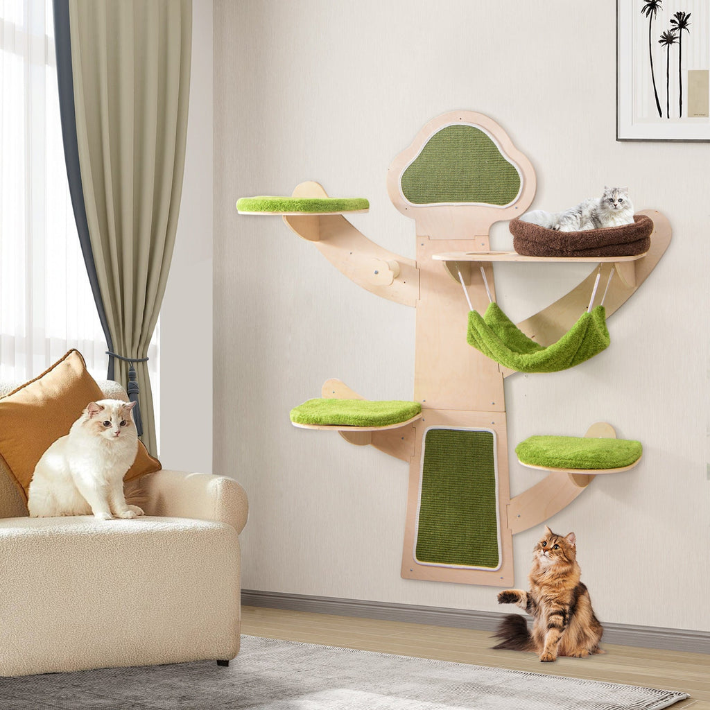 Wall-Mounted Cat Tower — 5-Layer Cat Wall Shelves with Hammock, Bed, Sisal Posts & Padded Platforms (Green)