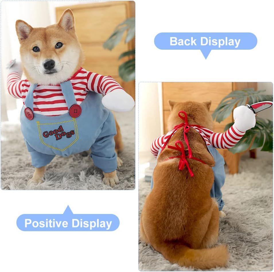 Dog & Cat Halloween Costume | Striped Prisoner Harness with Fake Knife | 3-Piece Set | S–XL