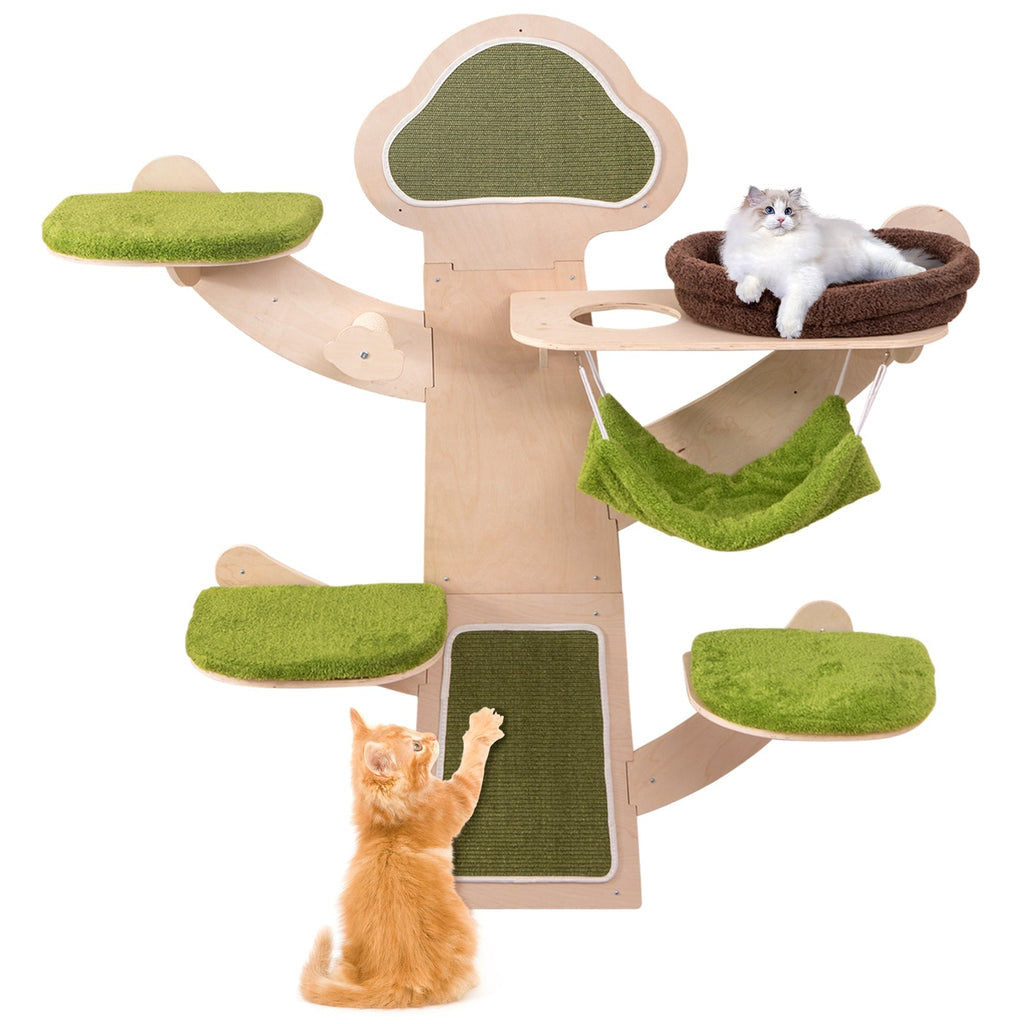 Wall-Mounted Cat Tower — 5-Layer Cat Wall Shelves with Hammock, Bed, Sisal Posts & Padded Platforms (Green)