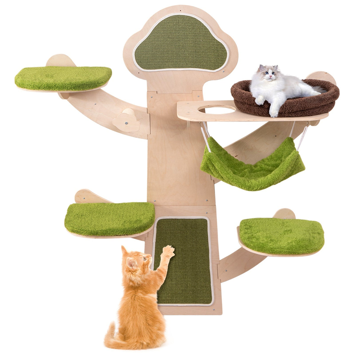 Wall-Mounted Cat Tower — 5-Layer Cat Wall Shelves with Hammock, Bed, Sisal Posts & Padded Platforms (Green)