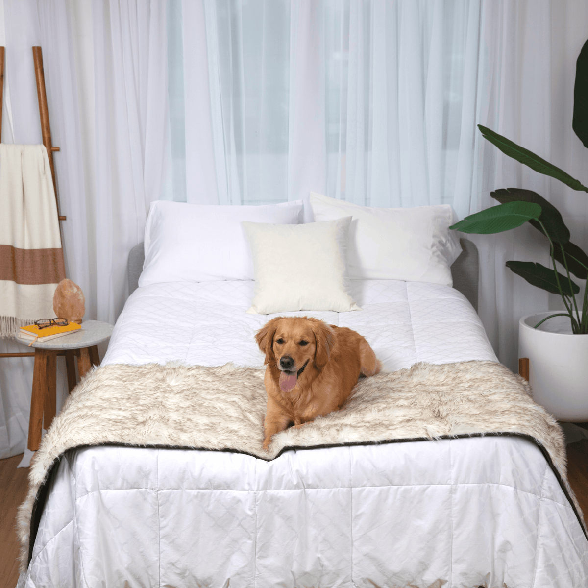 PupProtector™ Faux Fur Waterproof Bed Runner – White with Brown Accents