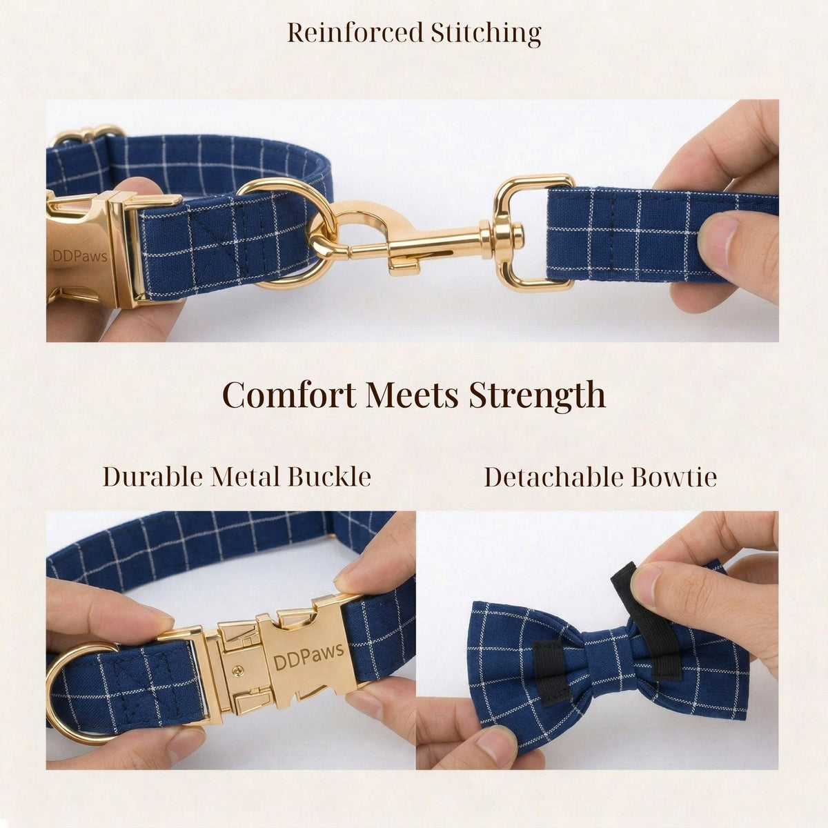 Engravable Navy Plaid Dog Matching Set | Collar, Harness, Leash & Bowtie
