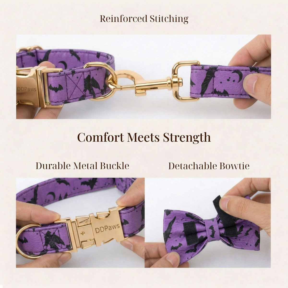 Personalized Bat Print Dog Collar, Harness & Leash Set — Violet & Gold