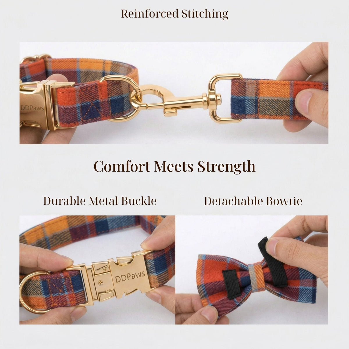 Midnight Copper Plaid Dog Matching Set – Engravable Collar, Harness, Leash & Bowtie