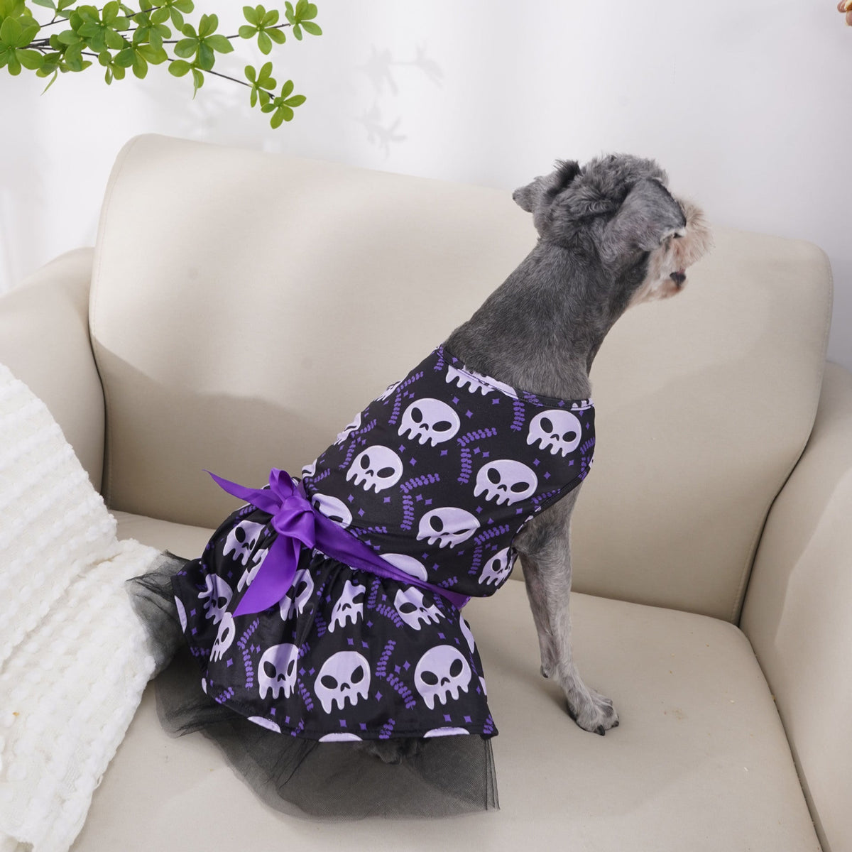 Halloween Tutu Cape Dress for Dogs — Bow & Mesh Skirt | Colorful or Skull Print
