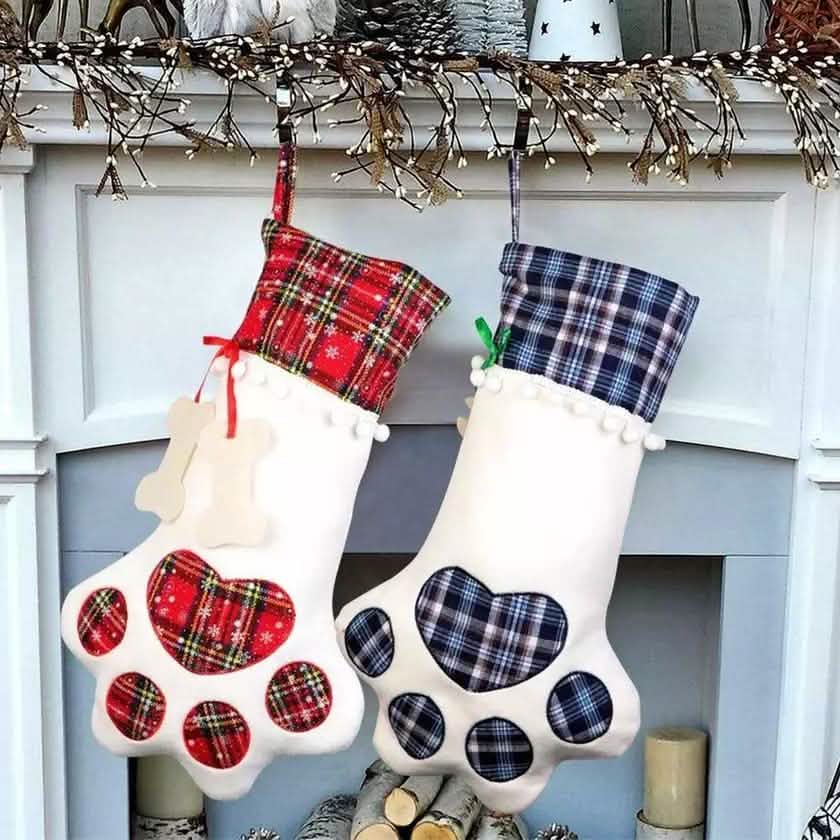 Plaid Christmas Pet Stockings | 2-Pack for Dogs & Cats | Paw Print Design