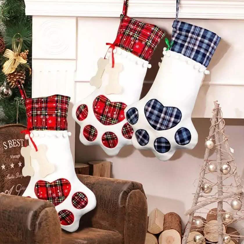 Plaid Christmas Pet Stockings | 2-Pack for Dogs & Cats | Paw Print Design