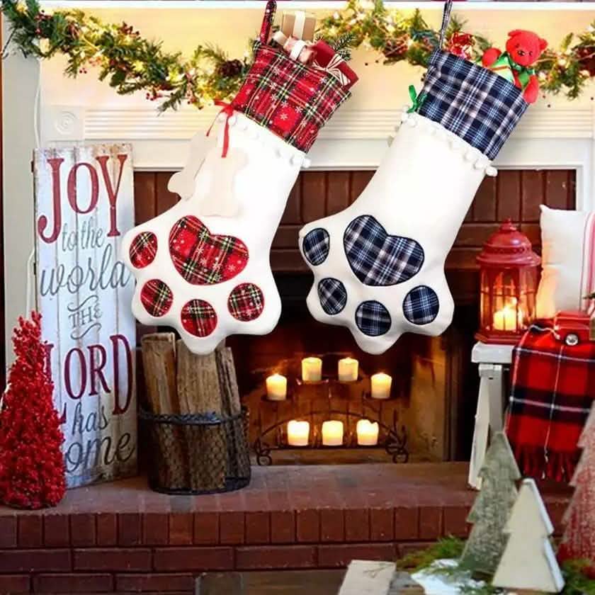 Plaid Christmas Pet Stockings | 2-Pack for Dogs & Cats | Paw Print Design