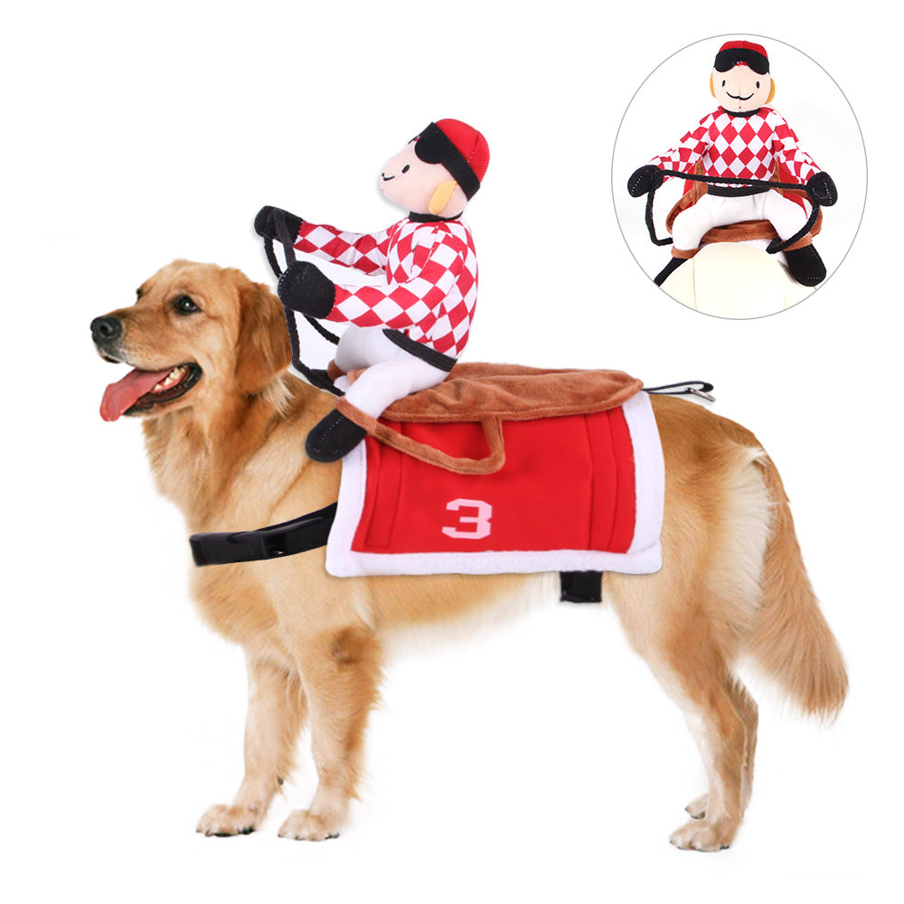 Dog Halloween Costume | Plush Jockey Rider Saddle Look | Adjustable | Sizes S–XL