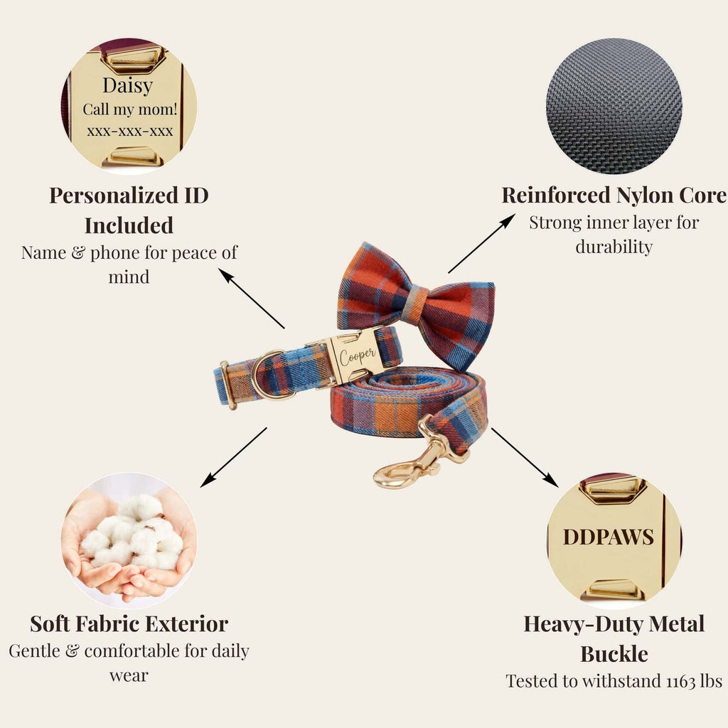Midnight Copper Plaid Dog Matching Set – Engravable Collar, Harness, Leash & Bowtie