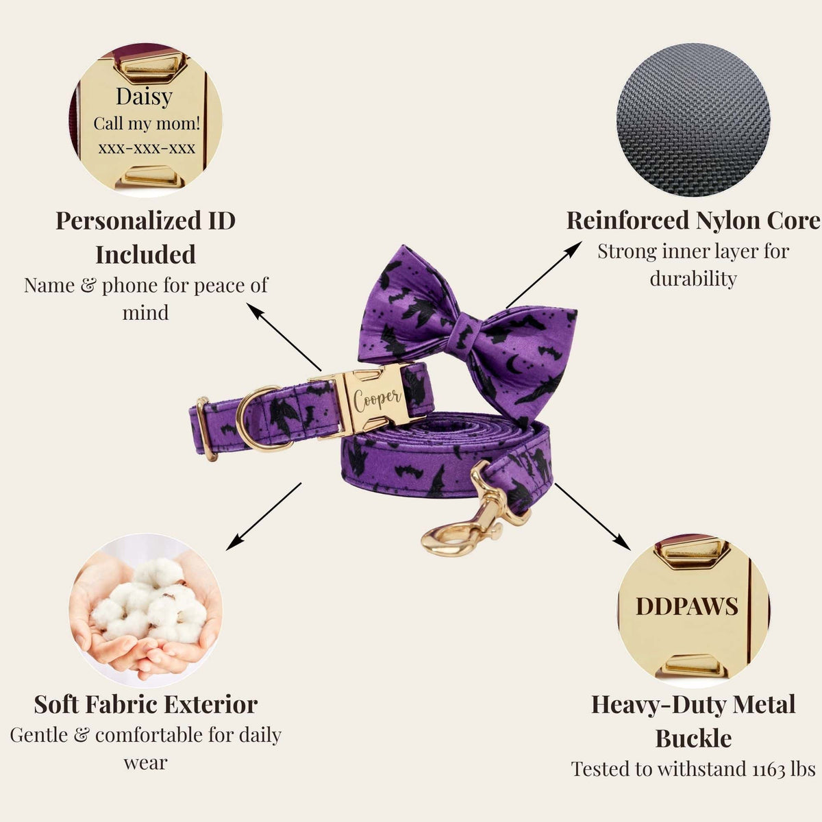 Personalized Bat Print Dog Collar, Harness & Leash Set — Violet & Gold