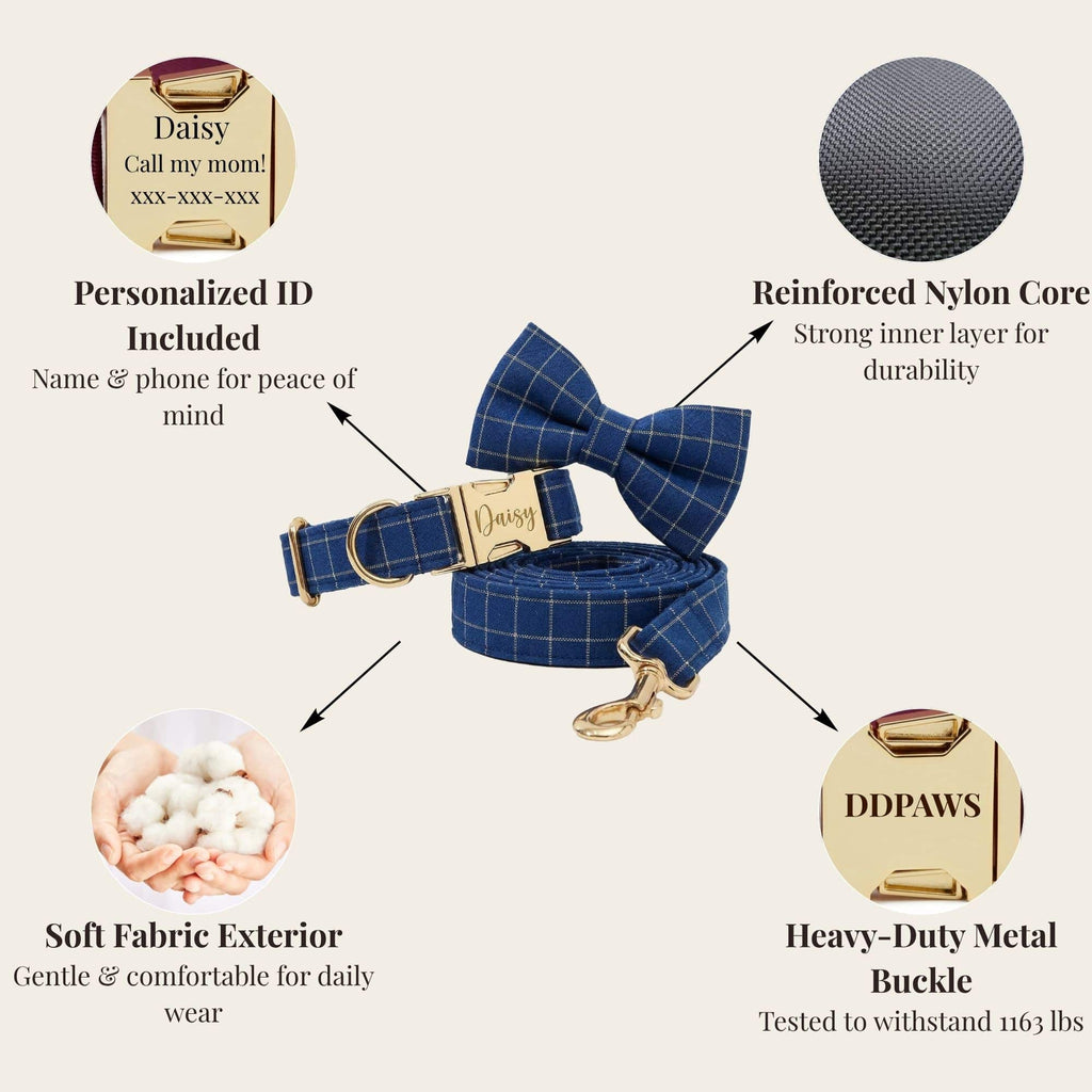 Engravable Navy Plaid Dog Matching Set | Collar, Harness, Leash & Bowtie