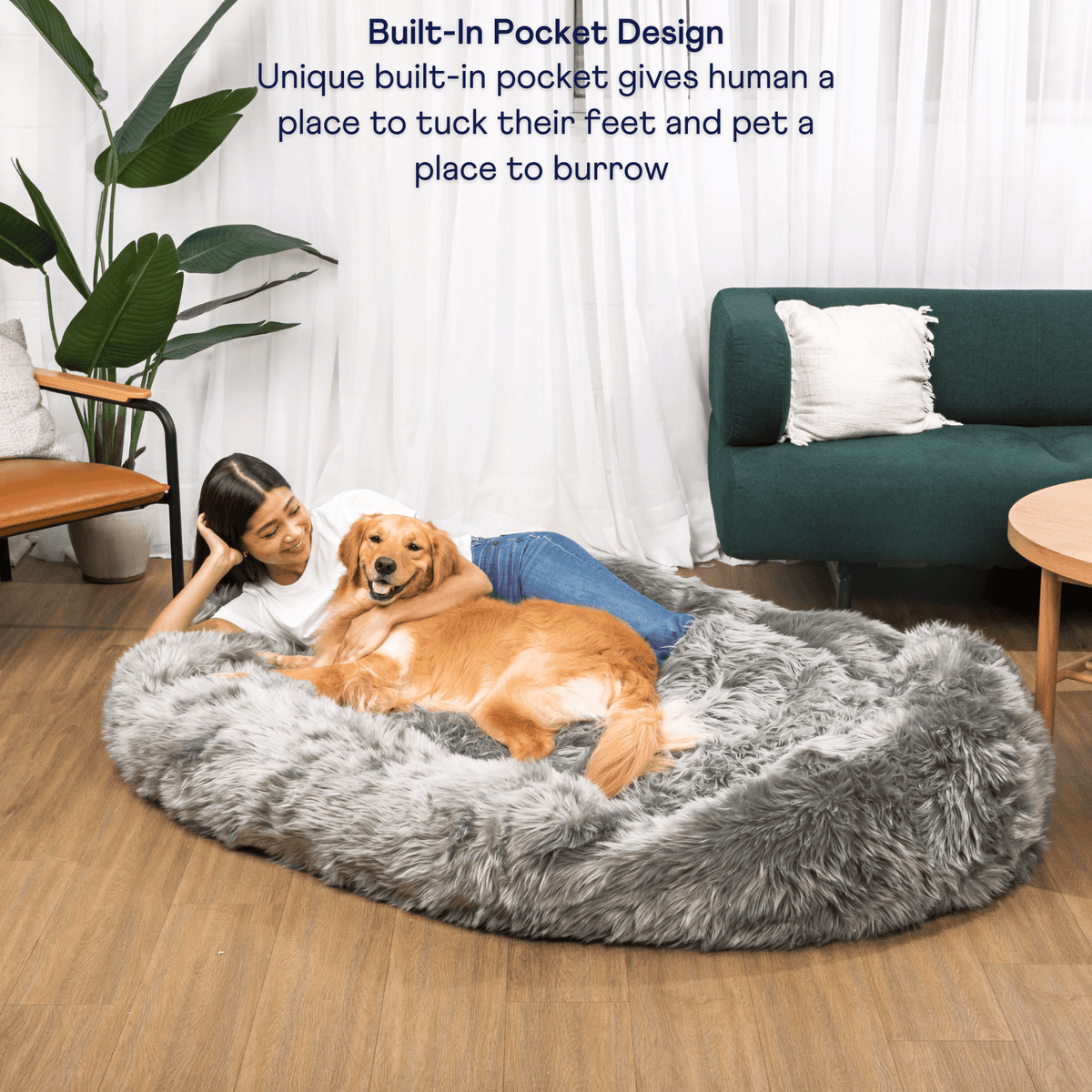 PupCloud™ Human-Size Faux Fur Memory Foam Dog Bed — Charcoal Grey