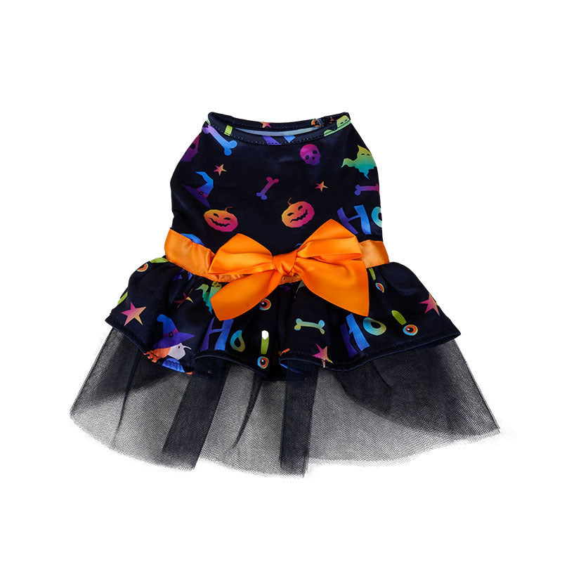 Halloween Tutu Cape Dress for Dogs — Bow & Mesh Skirt | Colorful or Skull Print