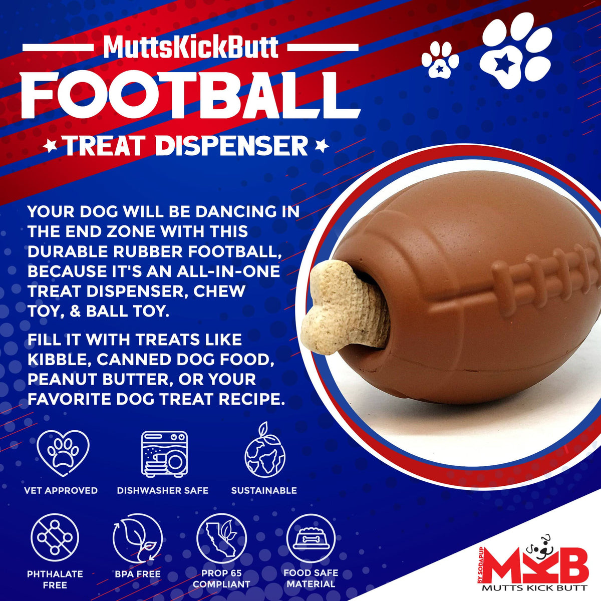 SodaPup Football Dog Chew Toy & Treat Dispenser | Durable Natural Rubber | USA Made | Large