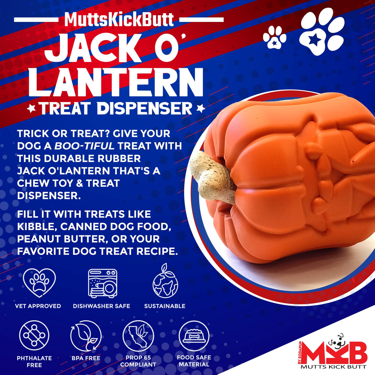 SodaPup Jack-O'-Lantern eDispenser — Halloween Chew Toy & Treat Dispenser for Large Dogs