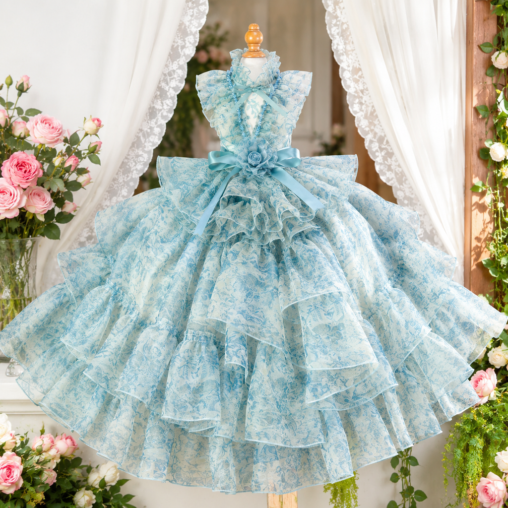 Blue Floral Pet Wedding Dress | Detachable Train | Sizes XS–XL + Custom