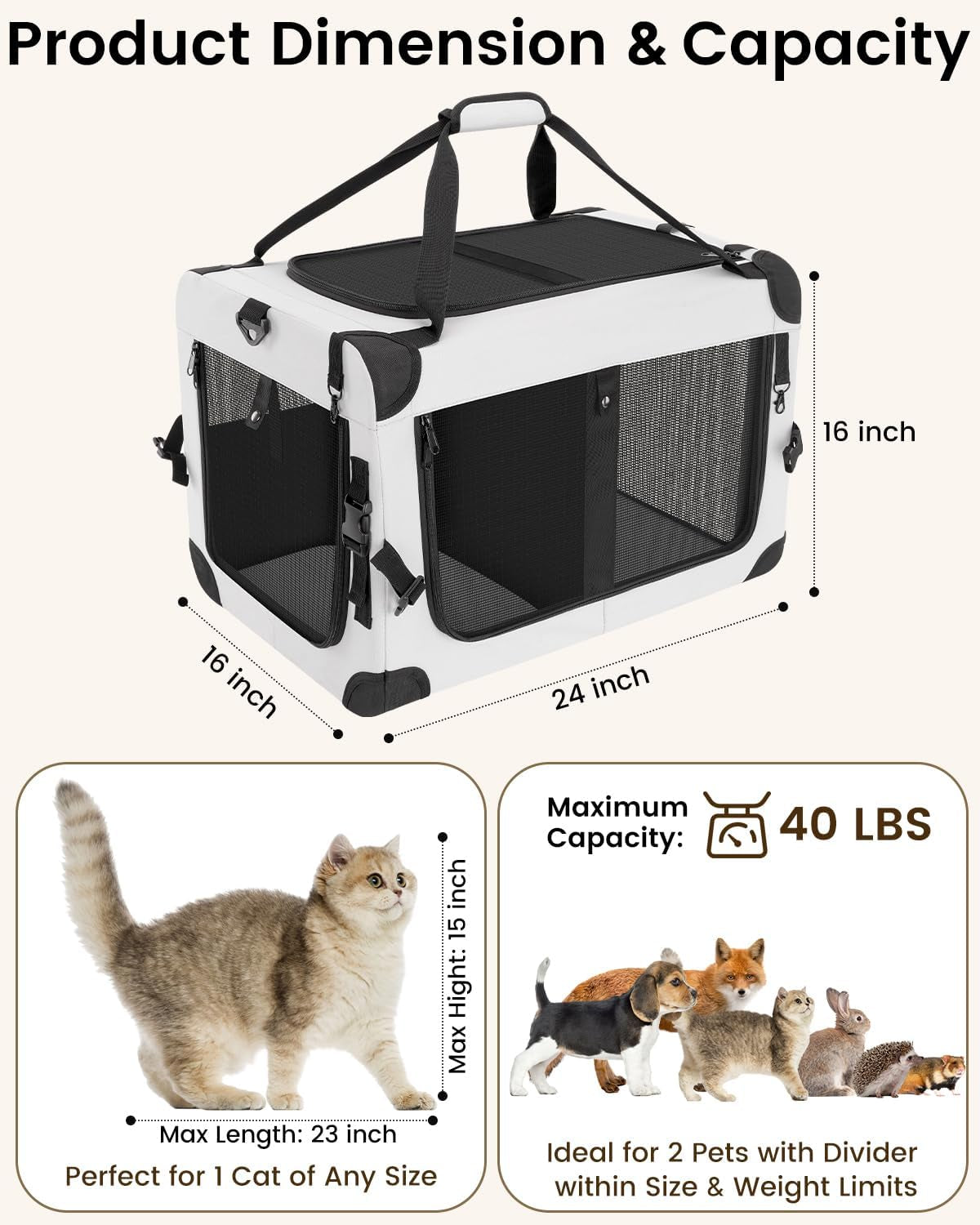 Luxury Soft-Sided Cat Carrier for Two | Removable Divider | Up to 55 lbs