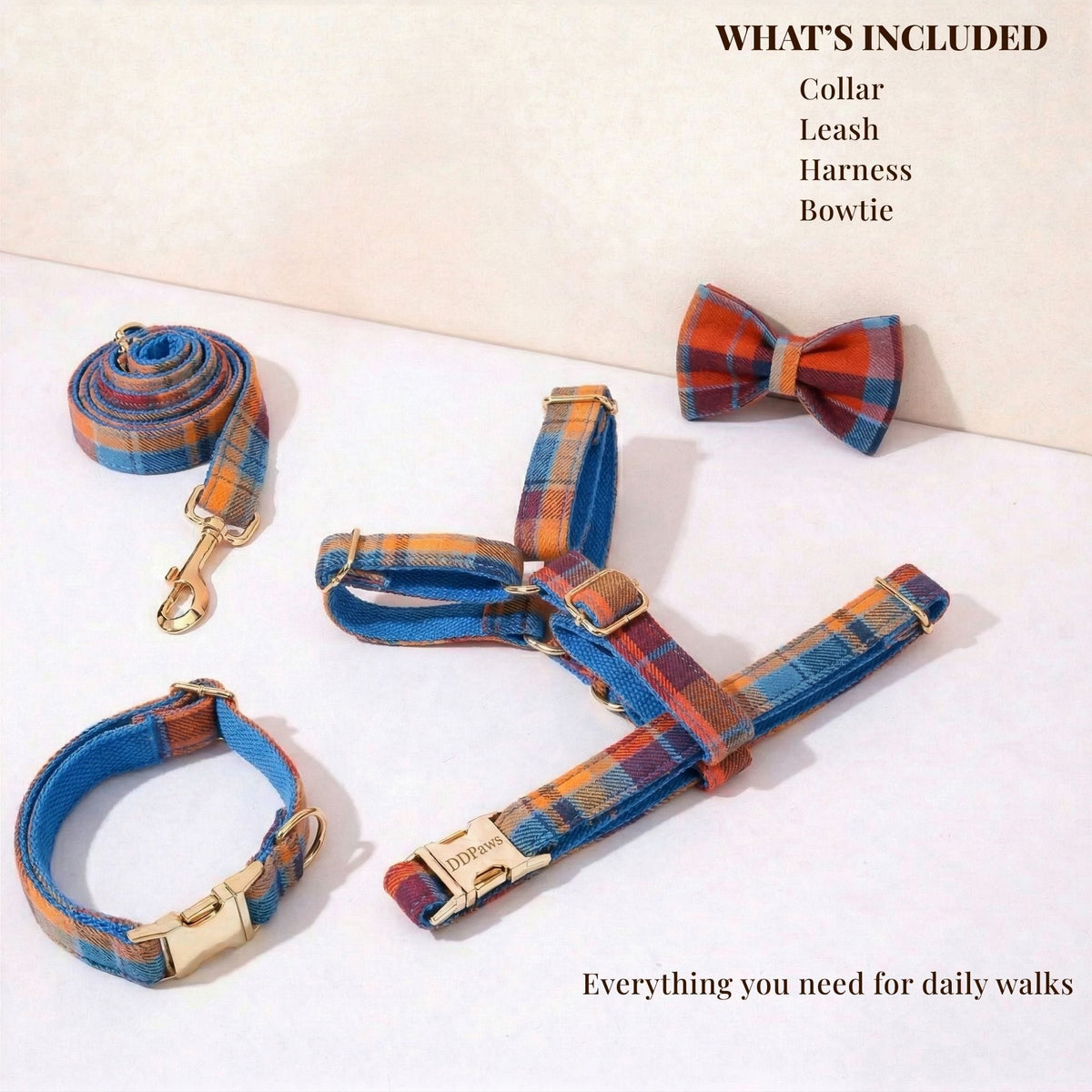 Midnight Copper Plaid Dog Matching Set – Engravable Collar, Harness, Leash & Bowtie