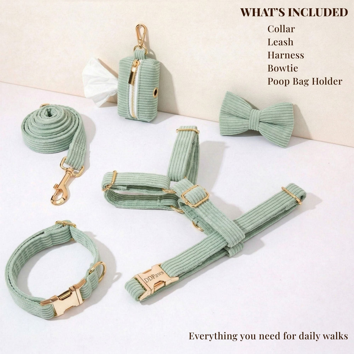 Sage Corduroy Dog Matching Set | Personalized Collar, Harness, Leash & Bowtie