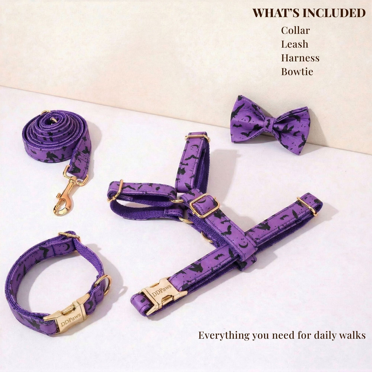 Personalized Bat Print Dog Collar, Harness & Leash Set — Violet & Gold