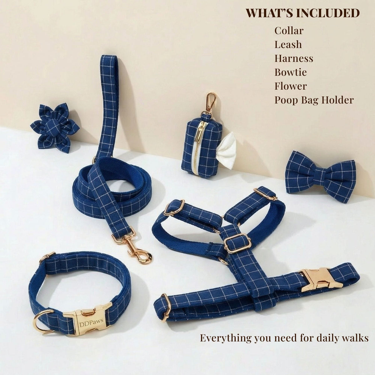 Engravable Navy Plaid Dog Matching Set | Collar, Harness, Leash & Bowtie