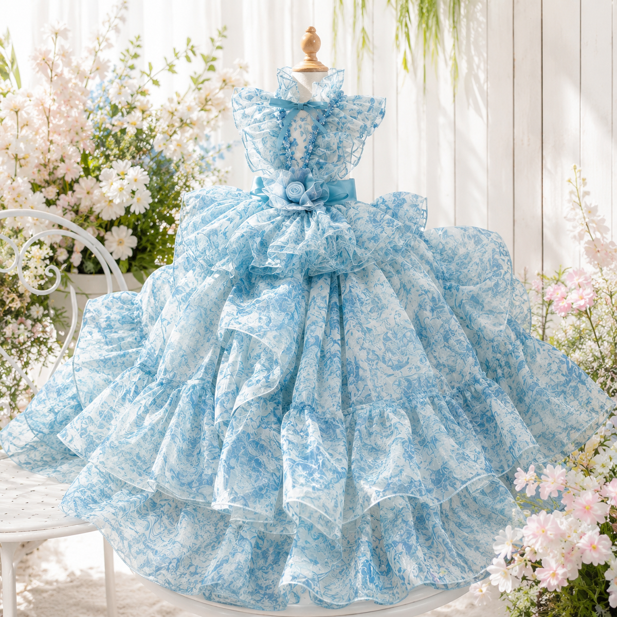 Blue Floral Pet Wedding Dress | Detachable Train | Sizes XS–XL + Custom