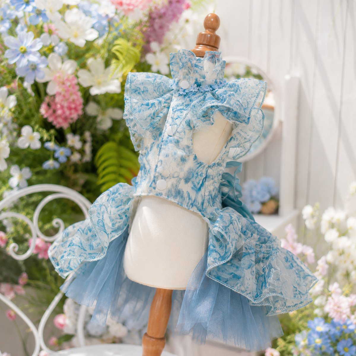 Blue Floral Pet Wedding Dress | Detachable Train | Sizes XS–XL + Custom