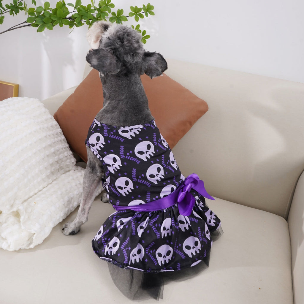 Halloween Tutu Cape Dress for Dogs — Bow & Mesh Skirt | Colorful or Skull Print