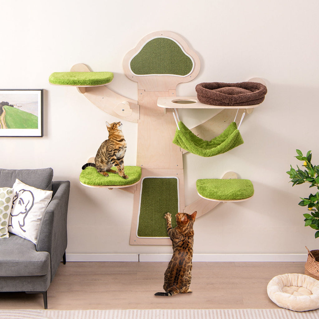 Wall-Mounted Cat Tower — 5-Layer Cat Wall Shelves with Hammock, Bed, Sisal Posts & Padded Platforms (Green)