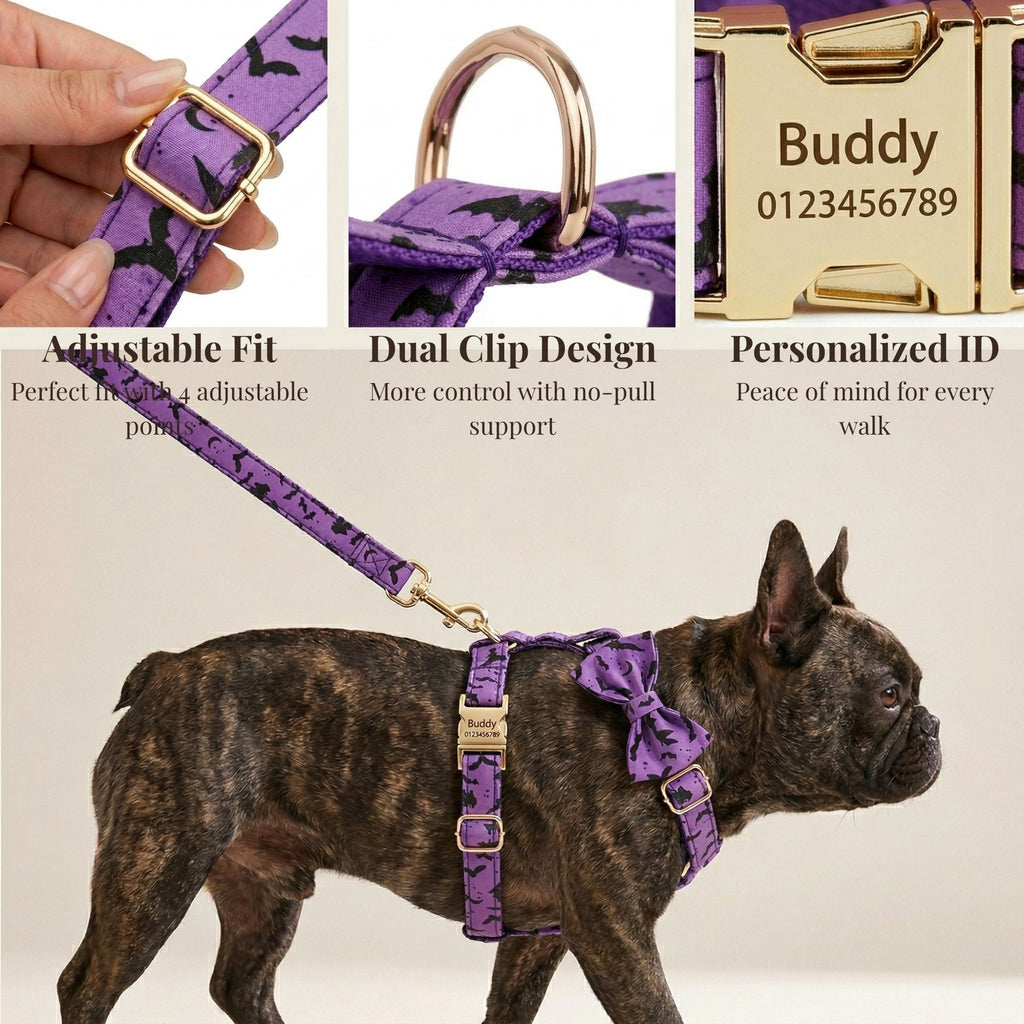 Personalized Bat Print Dog Collar, Harness & Leash Set — Violet & Gold
