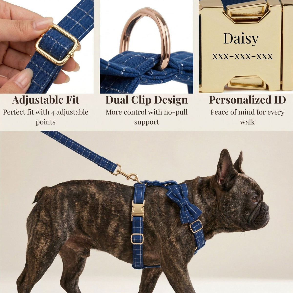 Engravable Navy Plaid Dog Matching Set | Collar, Harness, Leash & Bowtie