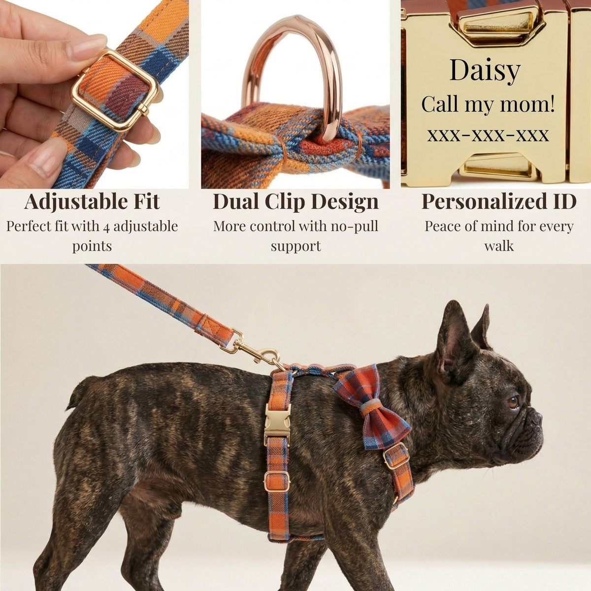 Midnight Copper Plaid Dog Matching Set – Engravable Collar, Harness, Leash & Bowtie
