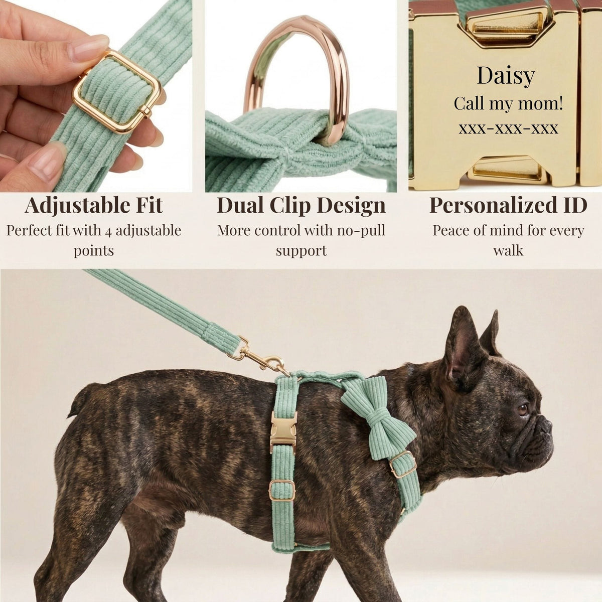 Sage Corduroy Dog Matching Set | Personalized Collar, Harness, Leash & Bowtie