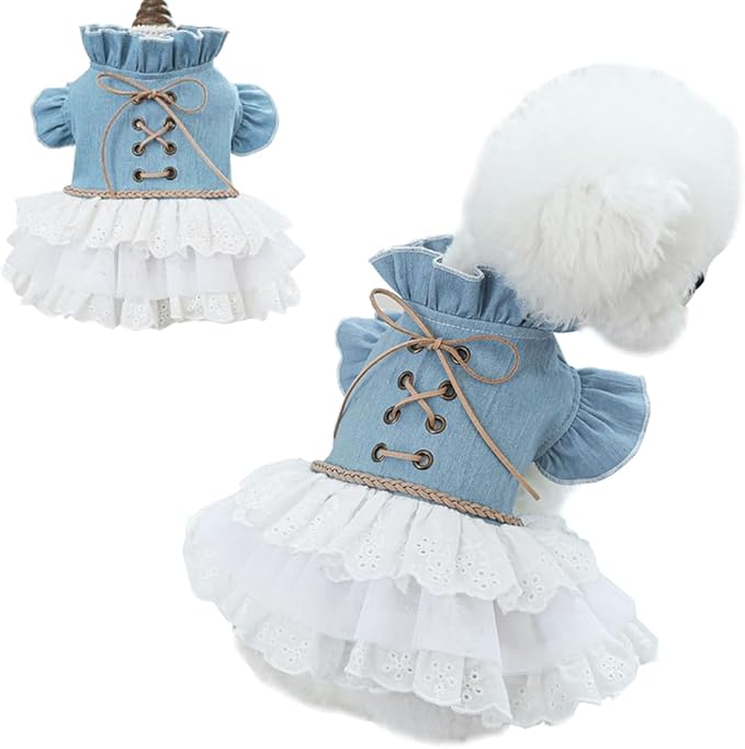 Retro Denim Dog & Cat Dress | Flared Sleeves & Layered Cake Skirt for Small Breeds