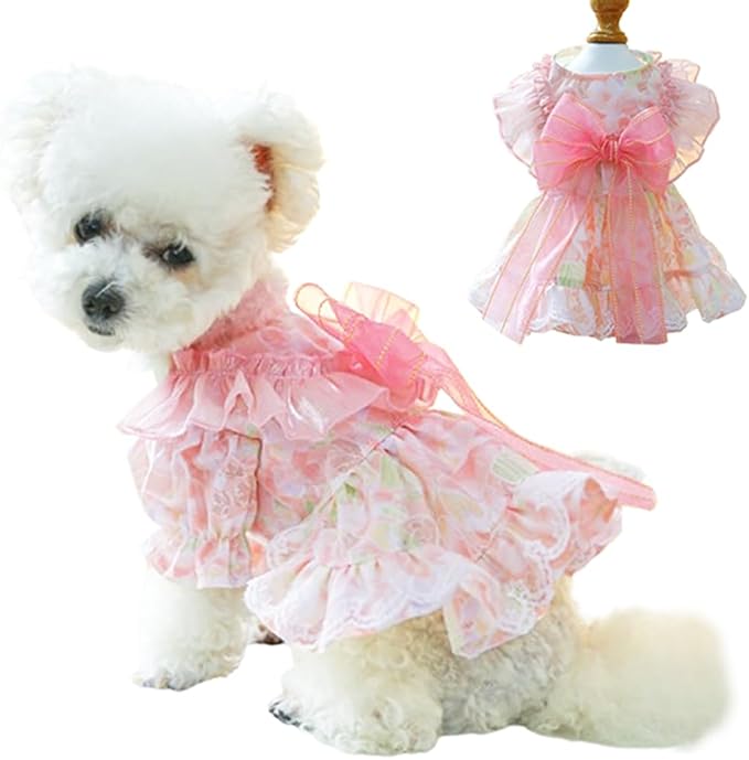 Princess Pink Dog & Cat Dress | Bubble Sleeves, Bow Detail & Built-In Leash Ring