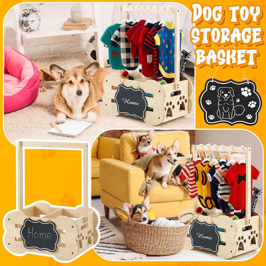 Pet Wardrobe & Toy Storage Organizer | Wooden Bone-Shaped Closet with Hangers