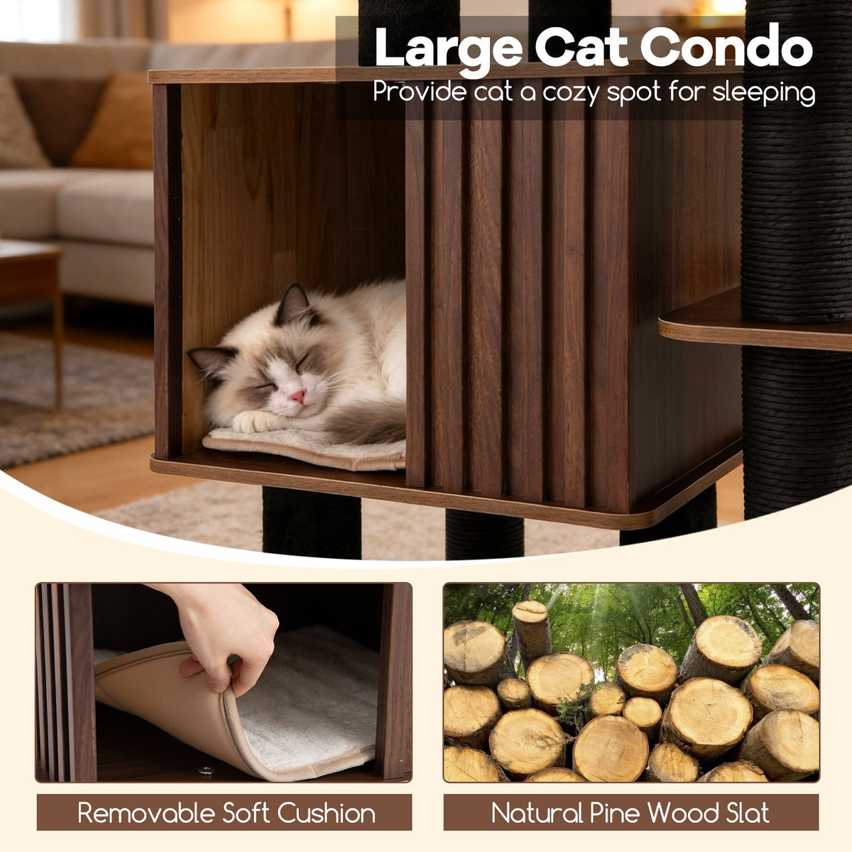 Wooden Cat Tree — 53.5" Furniture-Style Cat Tower with Fence Condo, Top Perch & Scratching Posts (Brown)