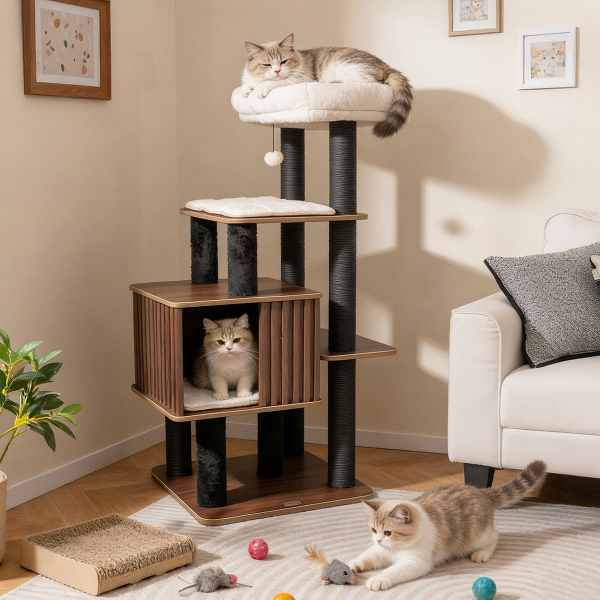 Wooden Cat Tree — 53.5" Furniture-Style Cat Tower with Fence Condo, Top Perch & Scratching Posts (Brown)