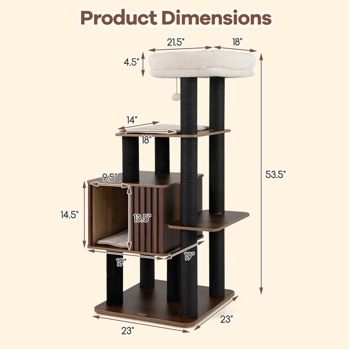 Wooden Cat Tree — 53.5" Furniture-Style Cat Tower with Fence Condo, Top Perch & Scratching Posts (Brown)