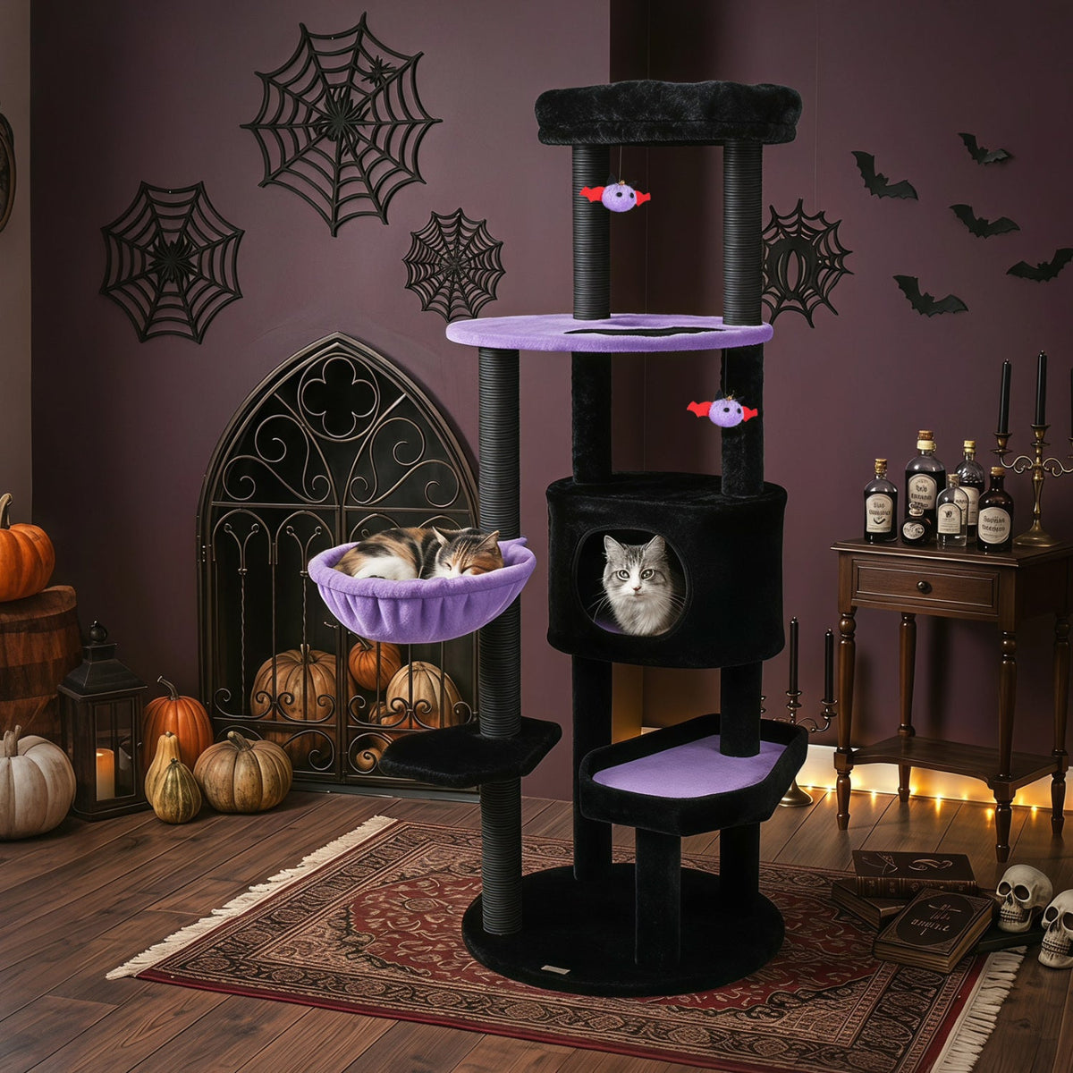 60" Gothic Halloween Cat Tower with Coffin Bed & Spider Toys