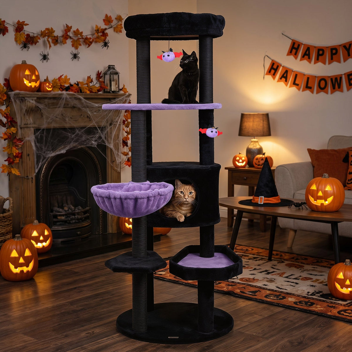 60" Gothic Halloween Cat Tower with Coffin Bed & Spider Toys