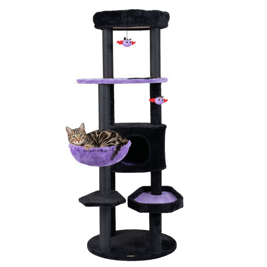 60" Gothic Halloween Cat Tower with Coffin Bed & Spider Toys