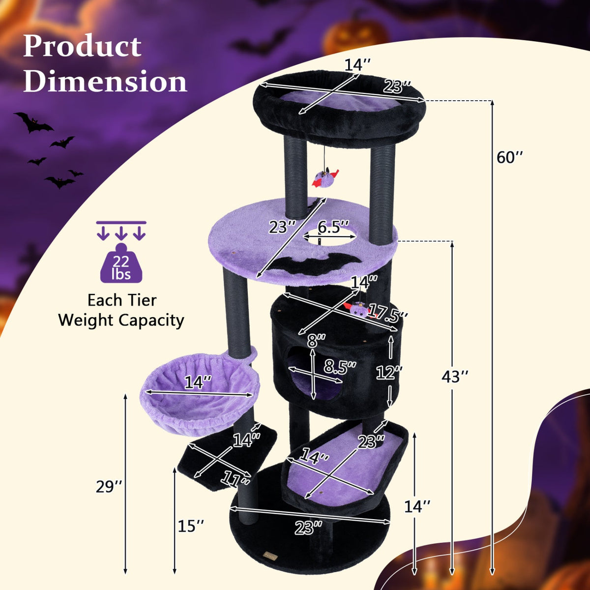 60" Gothic Halloween Cat Tower with Coffin Bed & Spider Toys